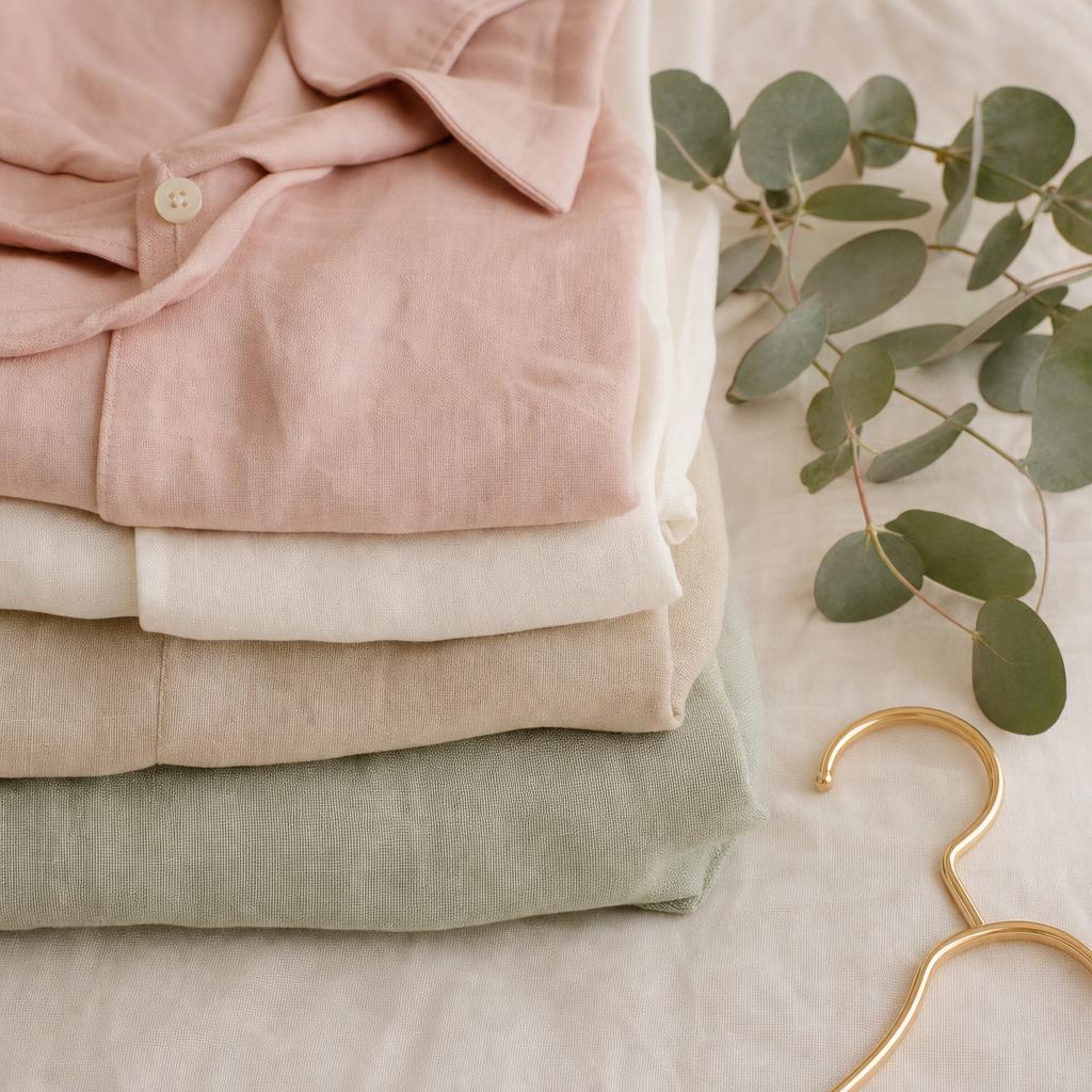 Folded pastel linen pieces from a wardrobe edit