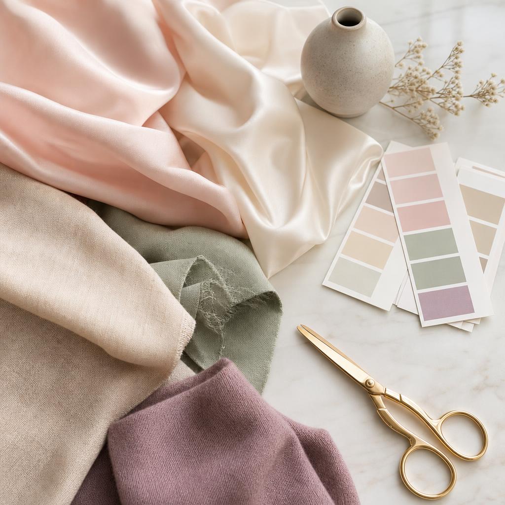 Pastel fabric swatches, colour analysis cards and gold shears on cream paper