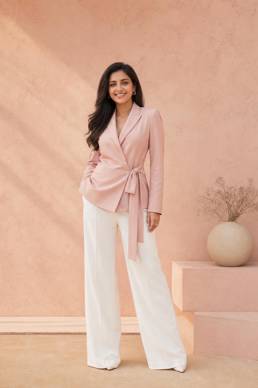 Sonal Padman styled in a blush duster coat and ivory wide-leg trousers